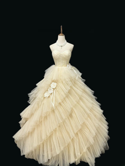 Cute Ball Gown Sweetheart Tulle Champagne With Flowers Quince Dress Voluminous Sweet 16 Sweet Sixteen Outfits Vestido de 15 RB7471