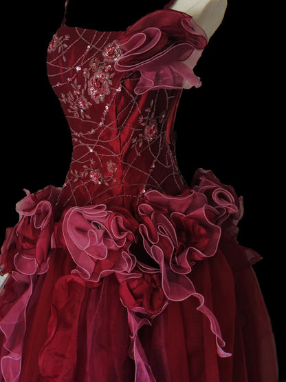 Unique Ball Gown Spaghetti Strap Burgundy Tulle With Beads Long Prom Quinceanera Dresses Sweet 15 16 Birthday Gown AS100