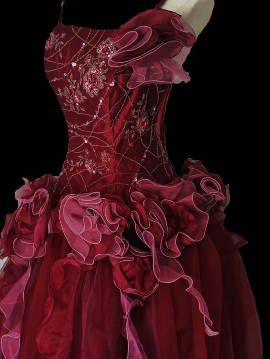 Unique Ball Gown Spaghetti Strap Burgundy Tulle With Beads Long Prom Quinceanera Dresses Sweet 15 16 Birthday Gown AS100
