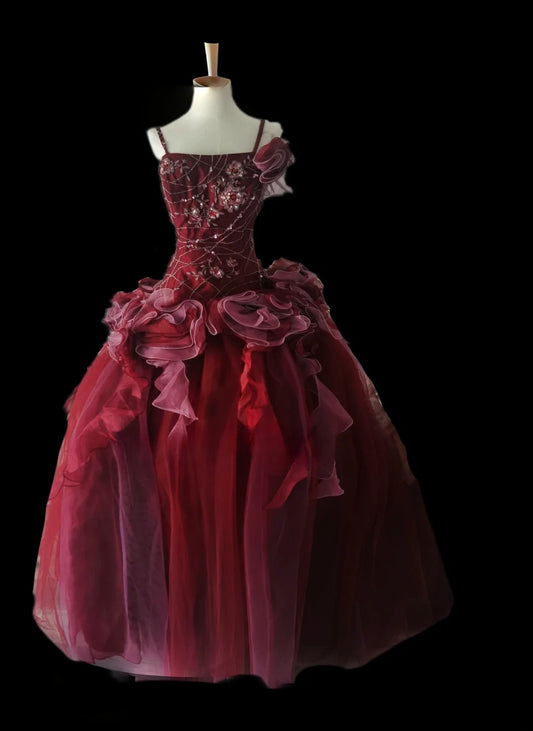 Unique Ball Gown Spaghetti Strap Burgundy Tulle With Beads Long Prom Quinceanera Dresses Sweet 15 16 Birthday Gown AS100
