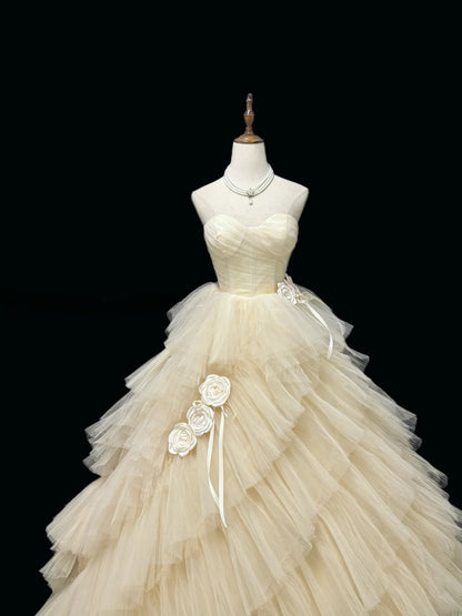 Cute Ball Gown Sweetheart Tulle Champagne With Flowers Quince Dress Voluminous Sweet 16 Sweet Sixteen Outfits Vestido de 15 RB7471