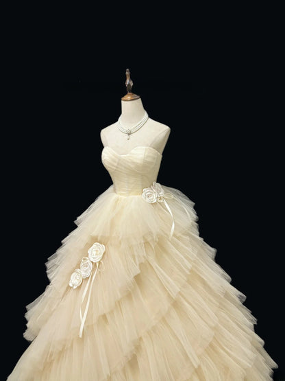 Cute Ball Gown Sweetheart Tulle Champagne With Flowers Quince Dress Voluminous Sweet 16 Sweet Sixteen Outfits Vestido de 15 RB7471
