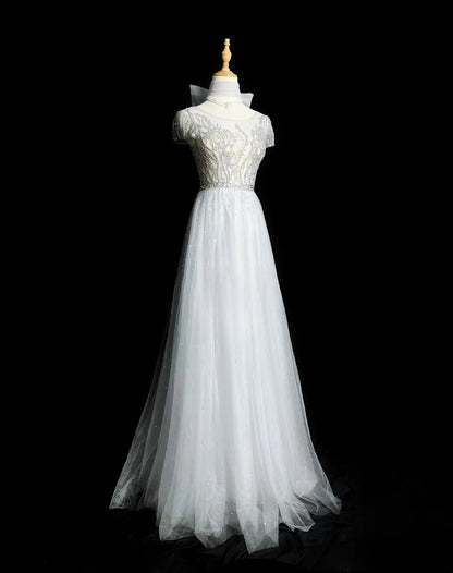 Vintage 1980s Prom Dresses A Line Scoop Light Gray Tulle With Beaded Evening Dress Formal Outfits RB5906