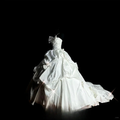 Vintage Ball Gown Strapless 70s With Bow Satin Long Autumn Winter Bridal Dress Wedding Dresses RB8827