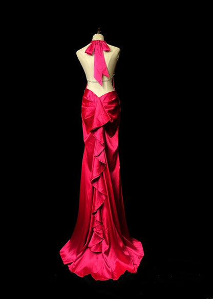 Vintage 80s Prom Dresses Mermaid V Neckline Hot Pink Satin With Backless Beaded Long Evening Dress Formal Outfits RB5907