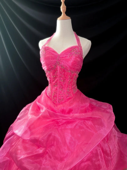 Modest Ball Gown Halter Hot Pink Sleeveless With Beading Tiered Layers Long Quinceanera Dress vestido de 15 de cenicienta RB3564