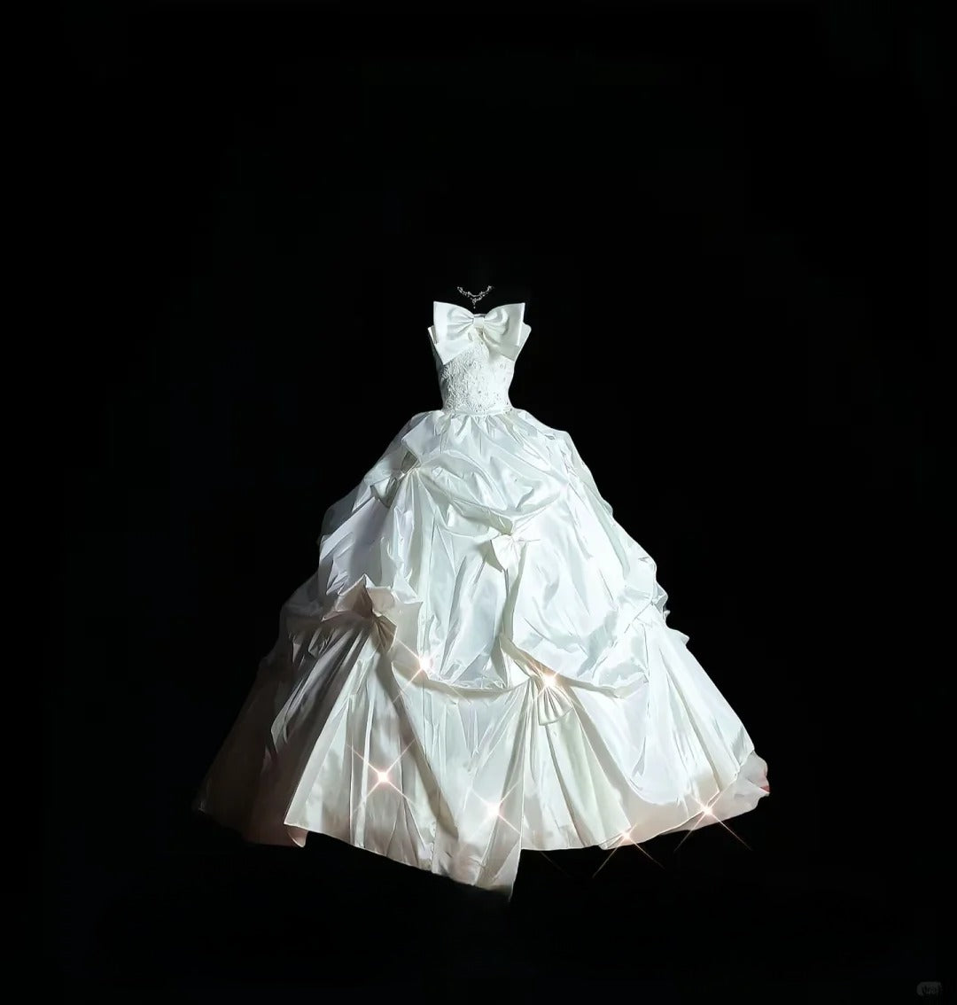 Vintage Ball Gown Strapless 70s With Bow Satin Long Autumn Winter Bridal Dress Wedding Dresses RB8827