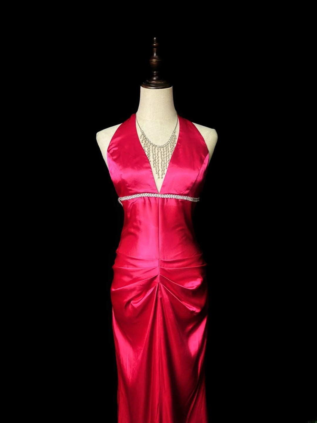 Vintage 80s Prom Dresses Mermaid V Neckline Hot Pink Satin With Backless Beaded Long Evening Dress Formal Outfits RB5907