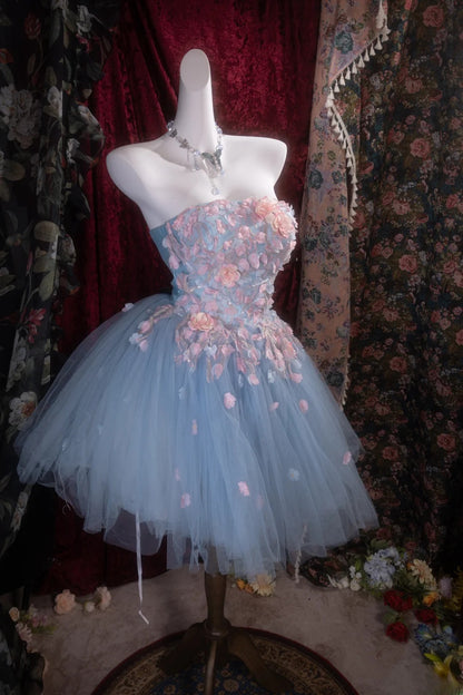 Unique Homecoming Dresses Outfit inspo Ball Gown Strapless Blue Flowers Tulle 16th Birthday Cocktail Dress Ideas Outfits RB8117
