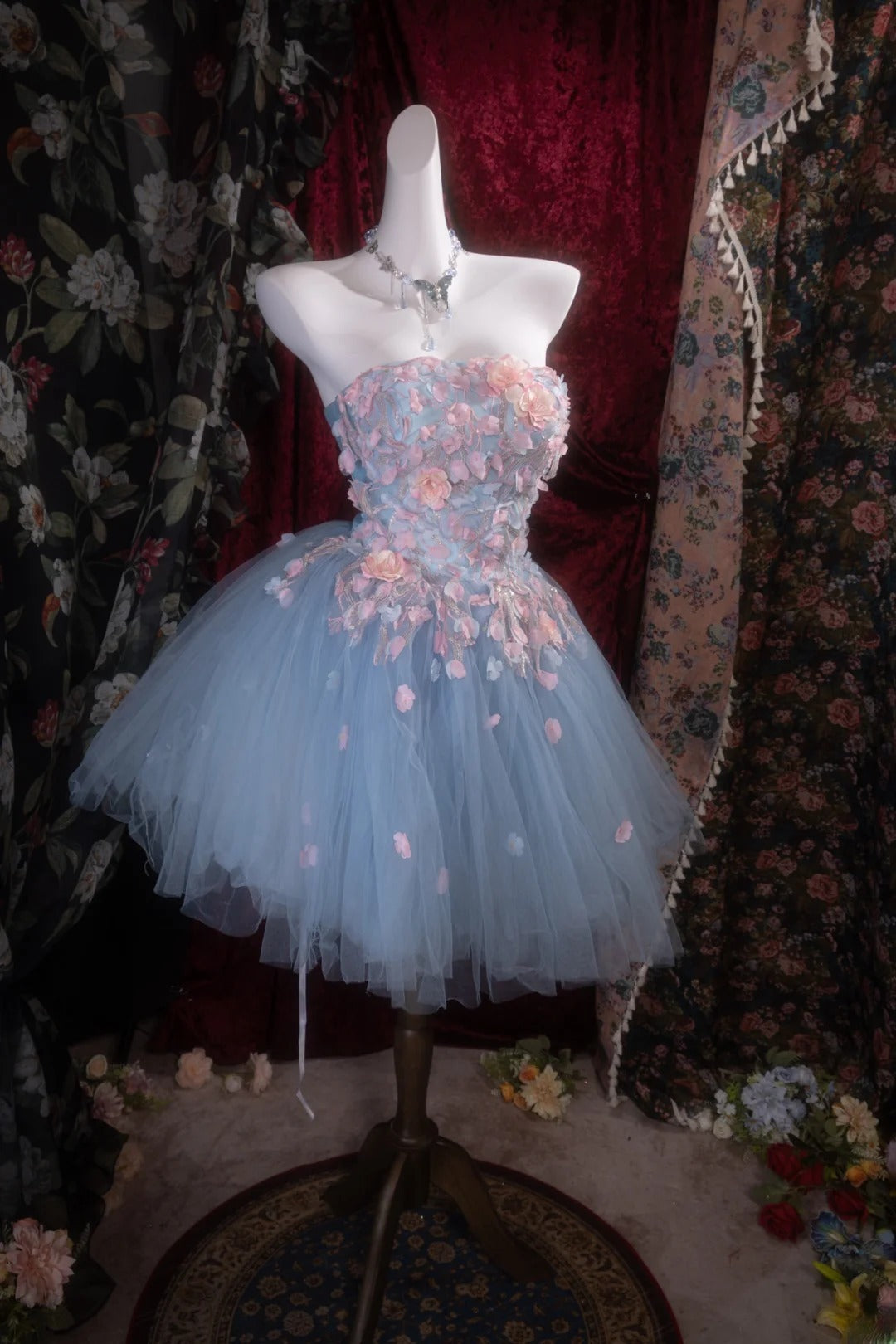 Unique Homecoming Dresses Outfit inspo Ball Gown Strapless Blue Flowers Tulle 16th Birthday Cocktail Dress Ideas Outfits RB8117