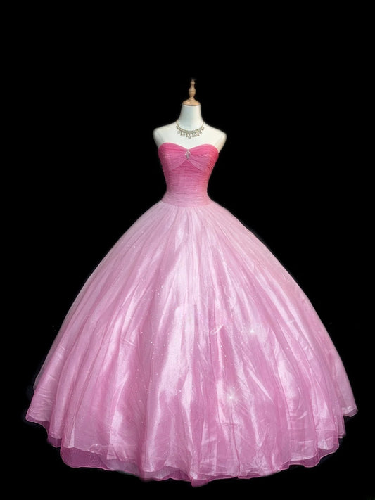 Modest Ball Gown Sweetheart Pink Sleeveless With Beading Tulle Long Quince Dress Sweet 16 Dresses vestido de 15 de cenicienta RB3565