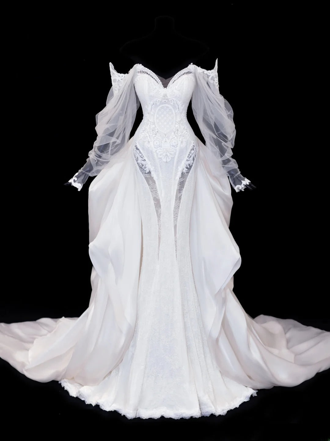Elegant Women's Mermaid Off The Shoulder With Long Sleeves White Tulle Lace Long Wedding Gowns Dresses SA102