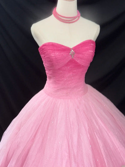 Modest Ball Gown Sweetheart Pink Sleeveless With Beading Tulle Long Quince Dress Sweet 16 Dresses vestido de 15 de cenicienta RB3565