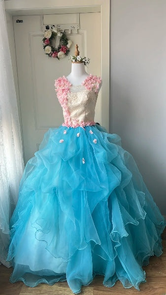 Modest Sweet 16 Dresses Long Blue Tulle With Flowers Ball Gown Sweet Sixteen Party Birthday Outfit RC0469