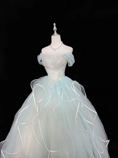 Cute Ball Gown Off The Shoulder Blue Tulle With Beading Quince Dress Voluminous Ideas Sweet 16 Quinceanera Dresses Vestido de 15 RB7472