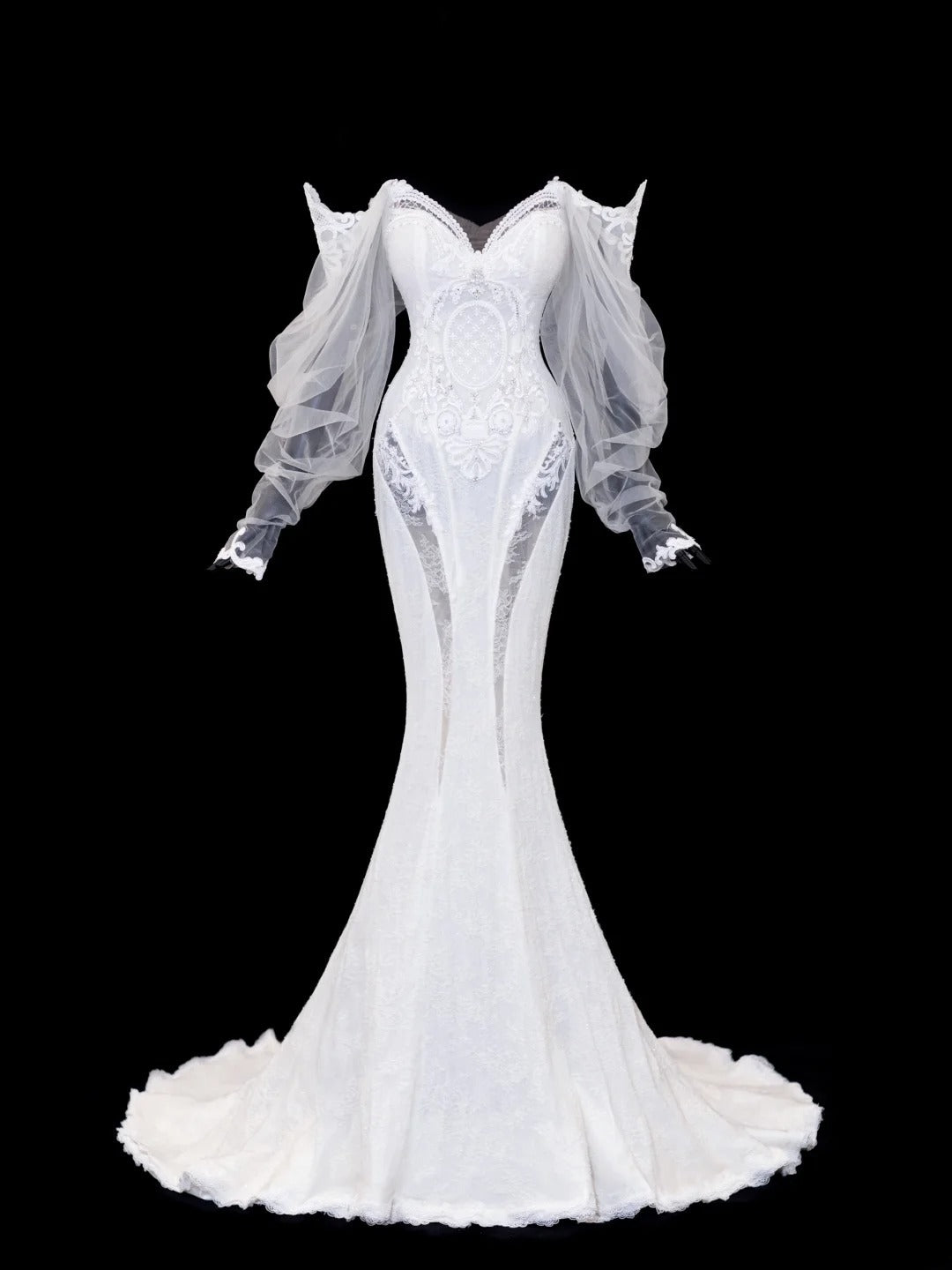 Elegant Women's Mermaid Off The Shoulder With Long Sleeves White Tulle Lace Long Wedding Gowns Dresses SA102