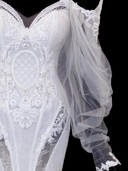 Elegant Women's Mermaid Off The Shoulder With Long Sleeves White Tulle Lace Long Wedding Gowns Dresses SA102