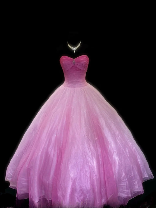 Modest Ball Gown Sweetheart Pink Sleeveless With Beading Tulle Long Sweet 16 Dresses Seventeen Quince Dress RB3566