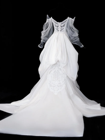 Elegant Women's Mermaid Off The Shoulder With Long Sleeves White Tulle Lace Long Wedding Gowns Dresses SA102