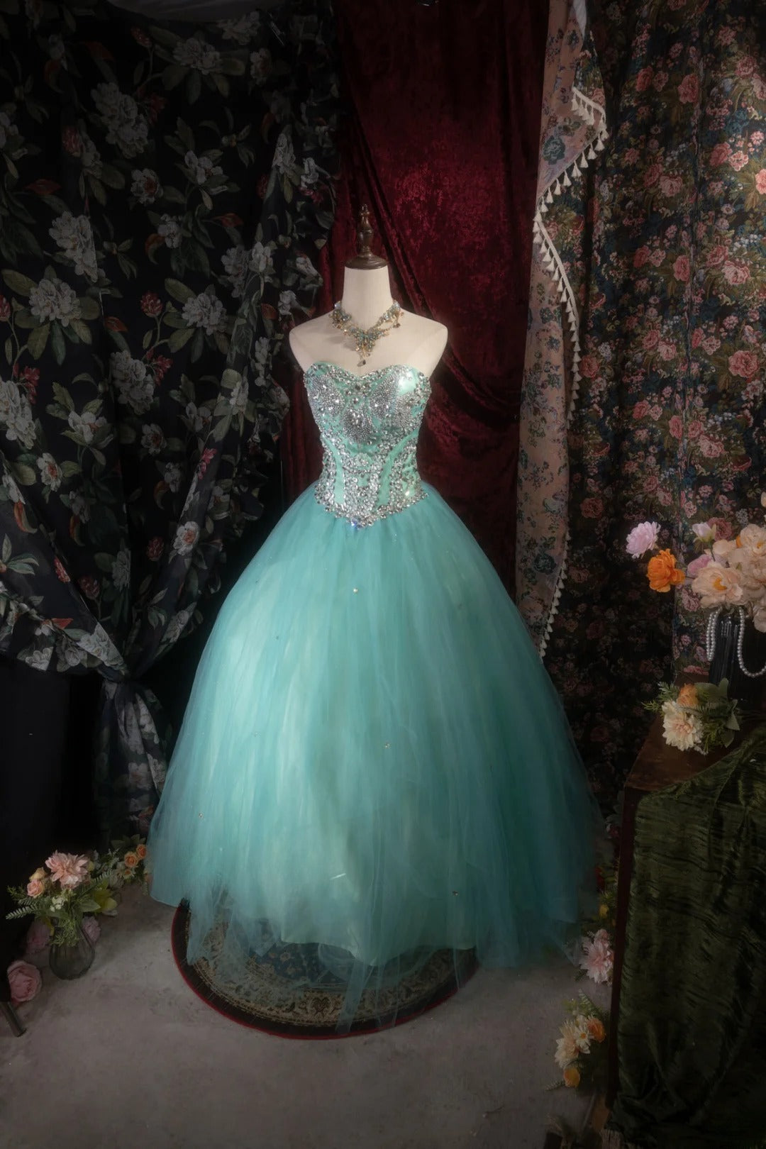 Cute Ball Gown Sweetheart Blue Tulle With Silver Beading Long Quince Dress Quinceanera Dresses Formal Birthday Outfits RB8120