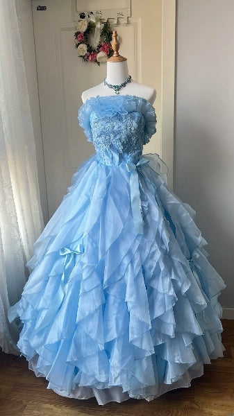 Modest Sweet 16 Dress Long Blue Chiffon With Tiered Layers Ball Gown Sweet Sixteen Party Birthday Dresses RC0470