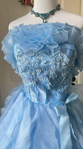 Modest Sweet 16 Dress Long Blue Chiffon With Tiered Layers Ball Gown Sweet Sixteen Party Birthday Dresses RC0470