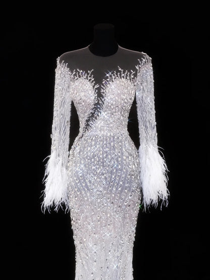 Elegant Women's Mermaid Scoop Neck With Long Sleeves White Tulle With Beadings Feather Long Wedding Gowns Dresses SA103