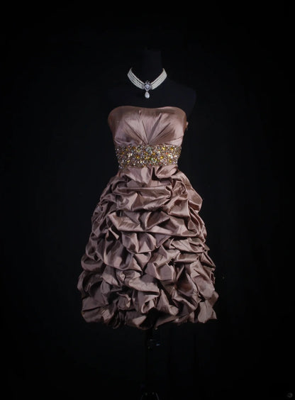 Chic Sheath Strapless Brown Taffeta With Gold Beads Short 16th Birthday Dress Homecoming Dresses Cocktail Gown AS103