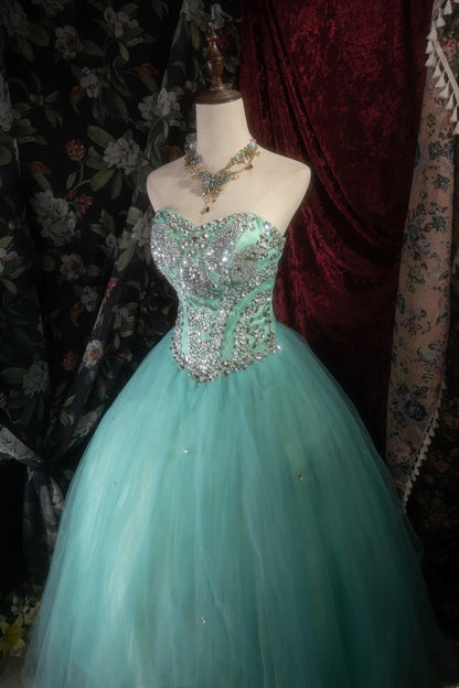 Cute Ball Gown Sweetheart Blue Tulle With Silver Beading Long Quince Dress Quinceanera Dresses Formal Birthday Outfits RB8120