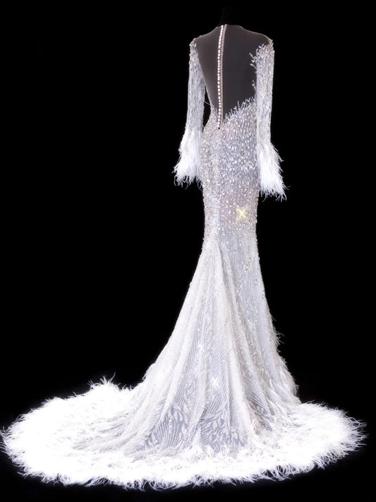 Elegant Women's Mermaid Scoop Neck With Long Sleeves White Tulle With Beadings Feather Long Wedding Gowns Dresses SA103