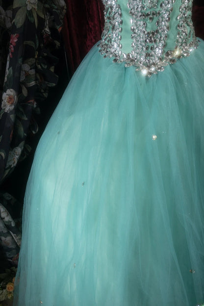 Cute Ball Gown Sweetheart Blue Tulle With Silver Beading Long Quince Dress Quinceanera Dresses Formal Birthday Outfits RB8120
