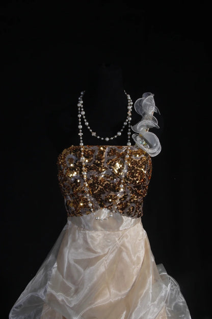 Chic Ball Gown One Shoulder Organza With Gold Sequins Short 16th Birthday Dress Homecoming Dresses Cocktail Gown AS104