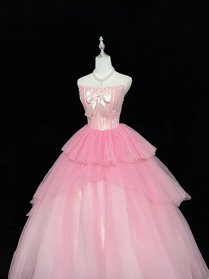 Princess Ball Gown Strapless Tulle Pink With Bow Quince Dress Voluminous Sweet 16 Sweet Sixteen Outfits Vestido de 15 RB7474
