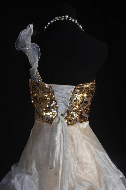 Chic Ball Gown One Shoulder Organza With Gold Sequins Short 16th Birthday Dress Homecoming Dresses Cocktail Gown AS104