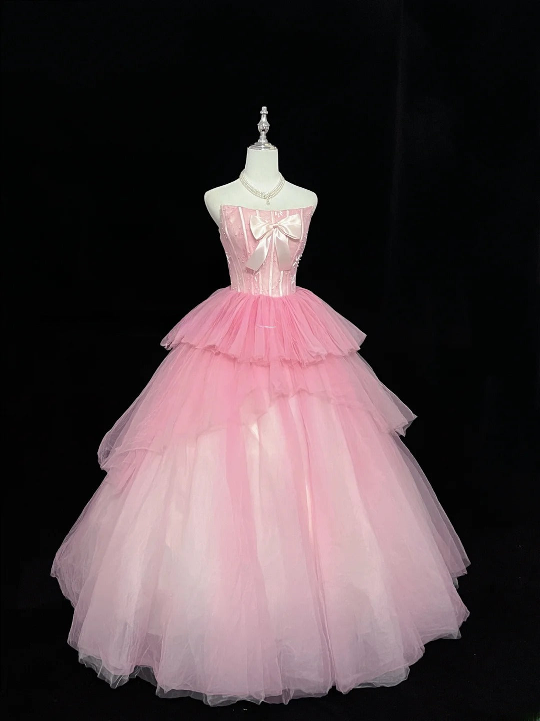Princess Ball Gown Strapless Tulle Pink With Bow Quince Dress Voluminous Sweet 16 Sweet Sixteen Outfits Vestido de 15 RB7474