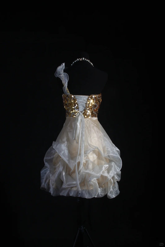 Chic Ball Gown One Shoulder Organza With Gold Sequins Short 16th Birthday Dress Homecoming Dresses Cocktail Gown AS104