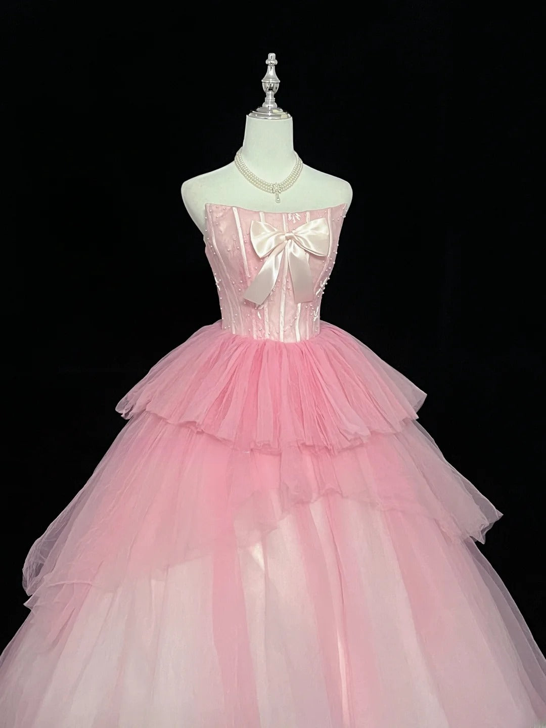 Princess Ball Gown Strapless Tulle Pink With Bow Quince Dress Voluminous Sweet 16 Sweet Sixteen Outfits Vestido de 15 RB7474