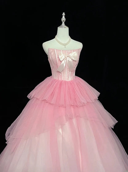 Princess Ball Gown Strapless Tulle Pink With Bow Quince Dress Voluminous Sweet 16 Sweet Sixteen Outfits Vestido de 15 RB7474