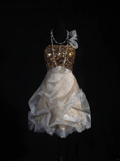 Chic Ball Gown One Shoulder Organza With Gold Sequins Short 16th Birthday Dress Homecoming Dresses Cocktail Gown AS104
