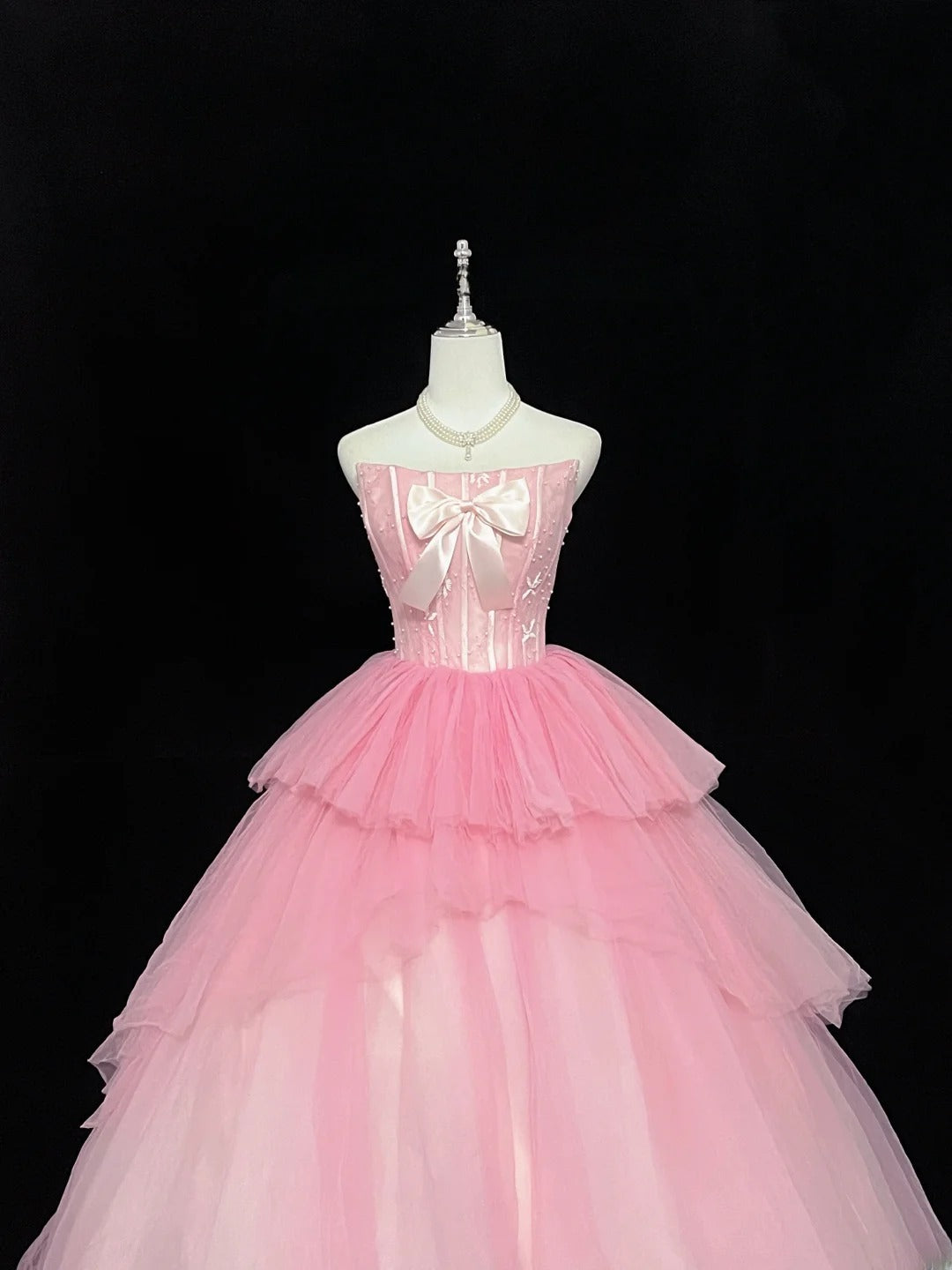 Princess Ball Gown Strapless Tulle Pink With Bow Quince Dress Voluminous Sweet 16 Sweet Sixteen Outfits Vestido de 15 RB7474