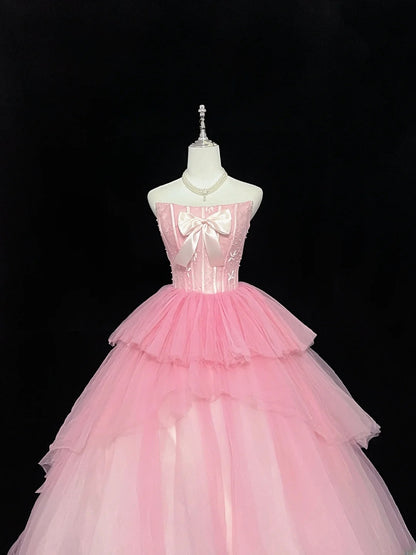 Princess Ball Gown Strapless Tulle Pink With Bow Quince Dress Voluminous Sweet 16 Sweet Sixteen Outfits Vestido de 15 RB7474
