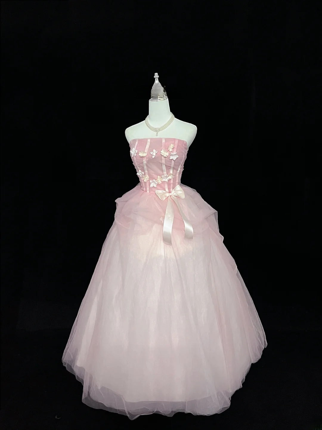 Princess Ball Gown Strapless Tulle Pink With Flowers Quince Dress Voluminous Sweet 16 Sweet Sixteen Outfits Vestido de 15 RB7475