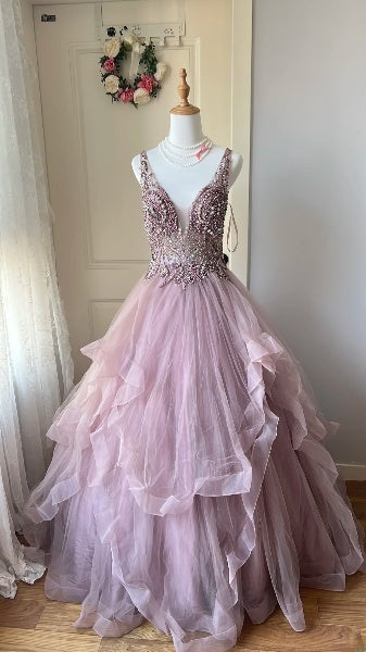 Modest Sweet 16 Dress Long Dusty Lilac Tulle With Beading Ball Gown Sweet Sixteen Party Birthday Dresses RC0472