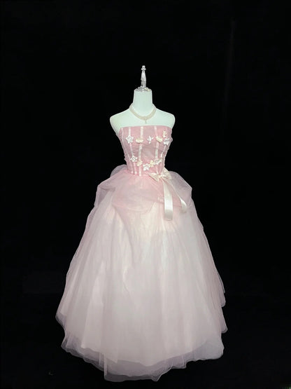 Princess Ball Gown Strapless Tulle Pink With Flowers Quince Dress Voluminous Sweet 16 Sweet Sixteen Outfits Vestido de 15 RB7475