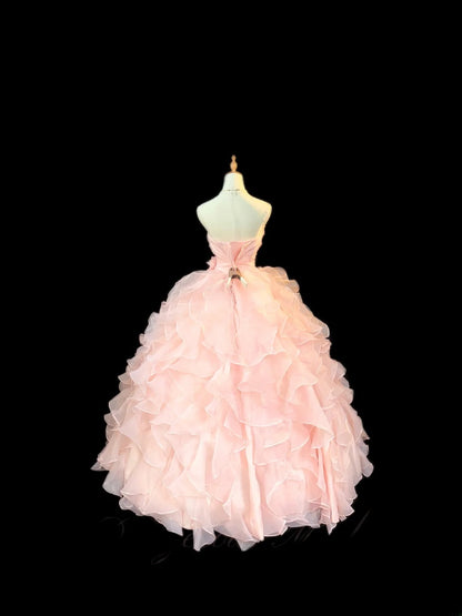 Modest Ball Gown Strapless Pink Tiered Layers Sleeveless With Flowers Long Sweet 16 Dresses Seventeen Quince Dress RB3568