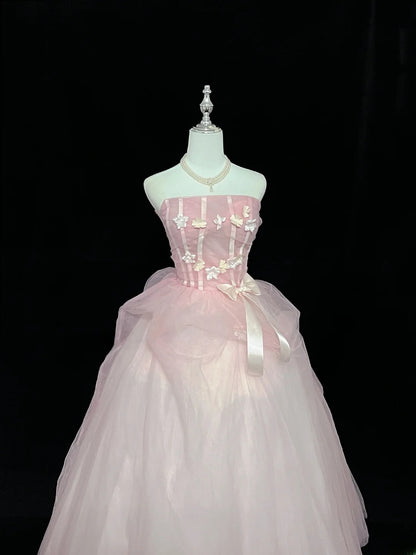 Princess Ball Gown Strapless Tulle Pink With Flowers Quince Dress Voluminous Sweet 16 Sweet Sixteen Outfits Vestido de 15 RB7475