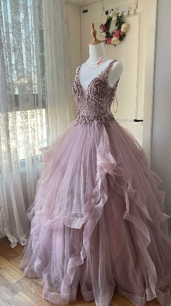 Modest Sweet 16 Dress Long Dusty Lilac Tulle With Beading Ball Gown Sweet Sixteen Party Birthday Dresses RC0472