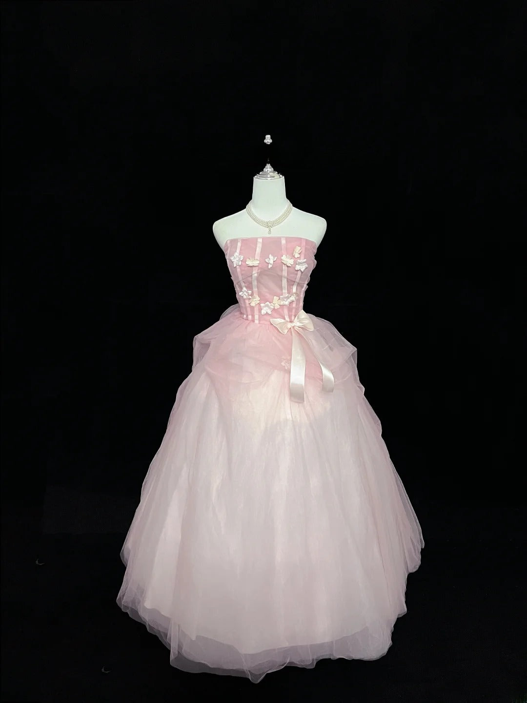 Princess Ball Gown Strapless Tulle Pink With Flowers Quince Dress Voluminous Sweet 16 Sweet Sixteen Outfits Vestido de 15 RB7475