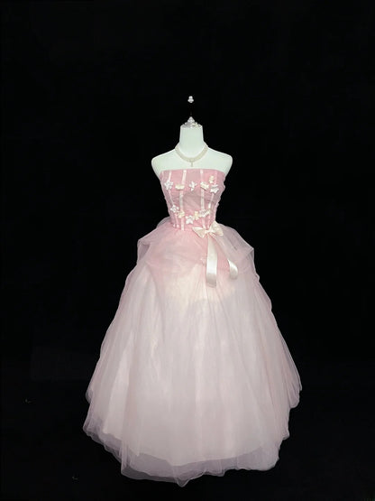 Princess Ball Gown Strapless Tulle Pink With Flowers Quince Dress Voluminous Sweet 16 Sweet Sixteen Outfits Vestido de 15 RB7475