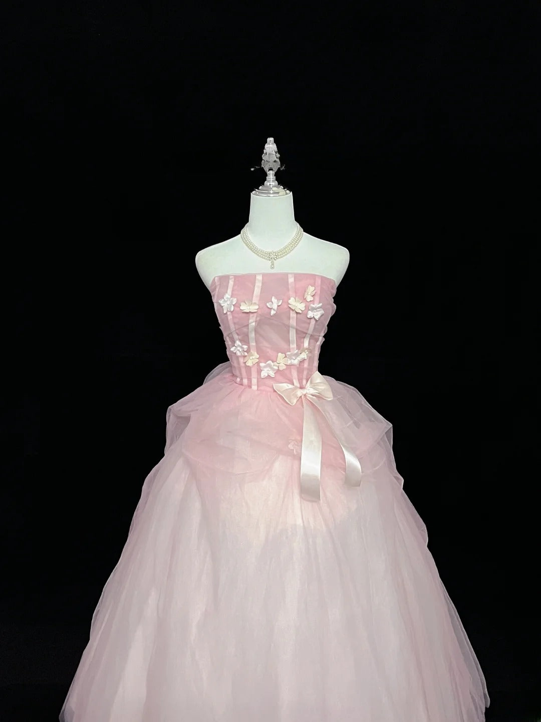 Princess Ball Gown Strapless Tulle Pink With Flowers Quince Dress Voluminous Sweet 16 Sweet Sixteen Outfits Vestido de 15 RB7475